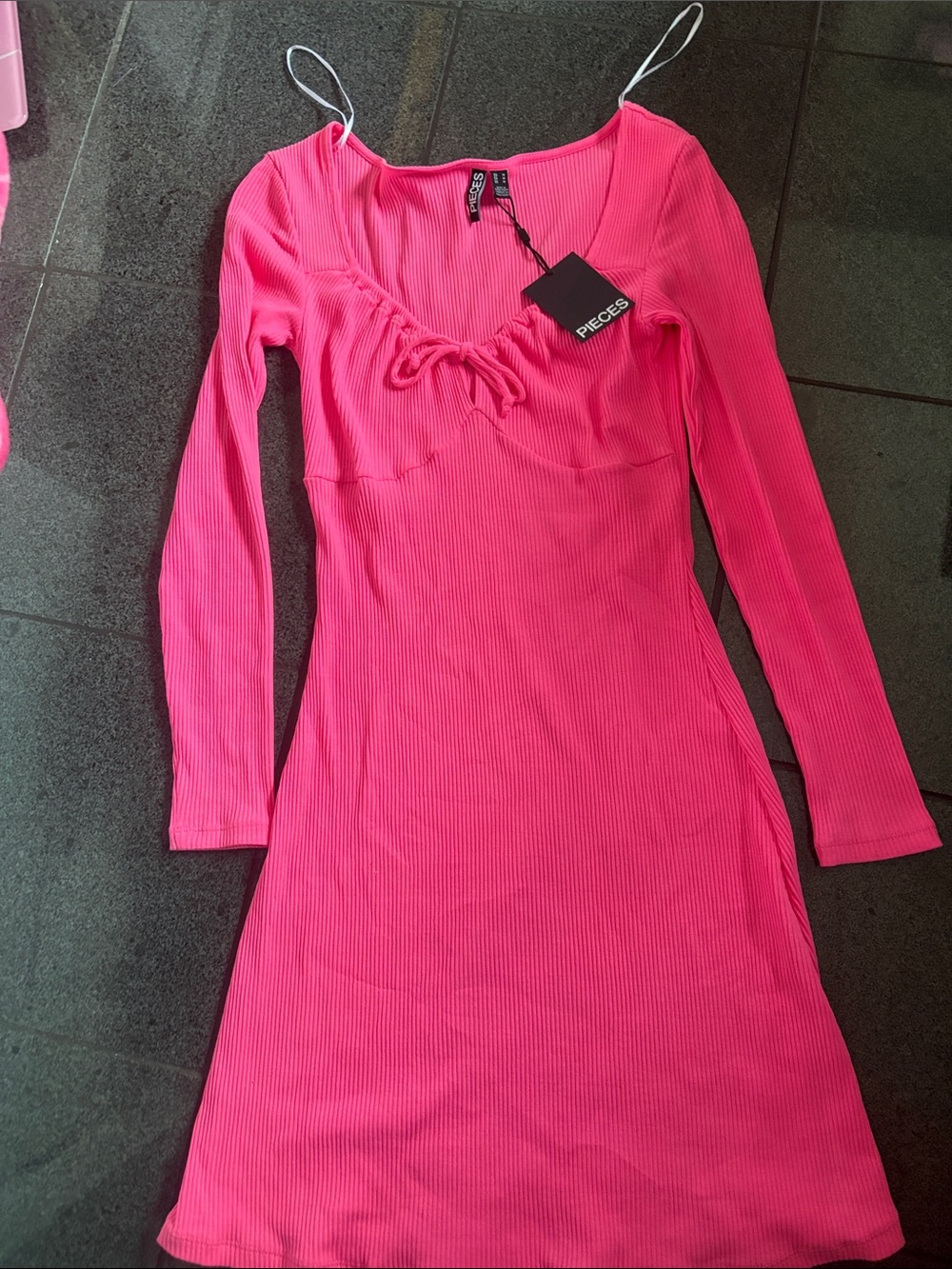 PIECES Hot Pink Ribbed Long-Sleeve Tie-Front Dress